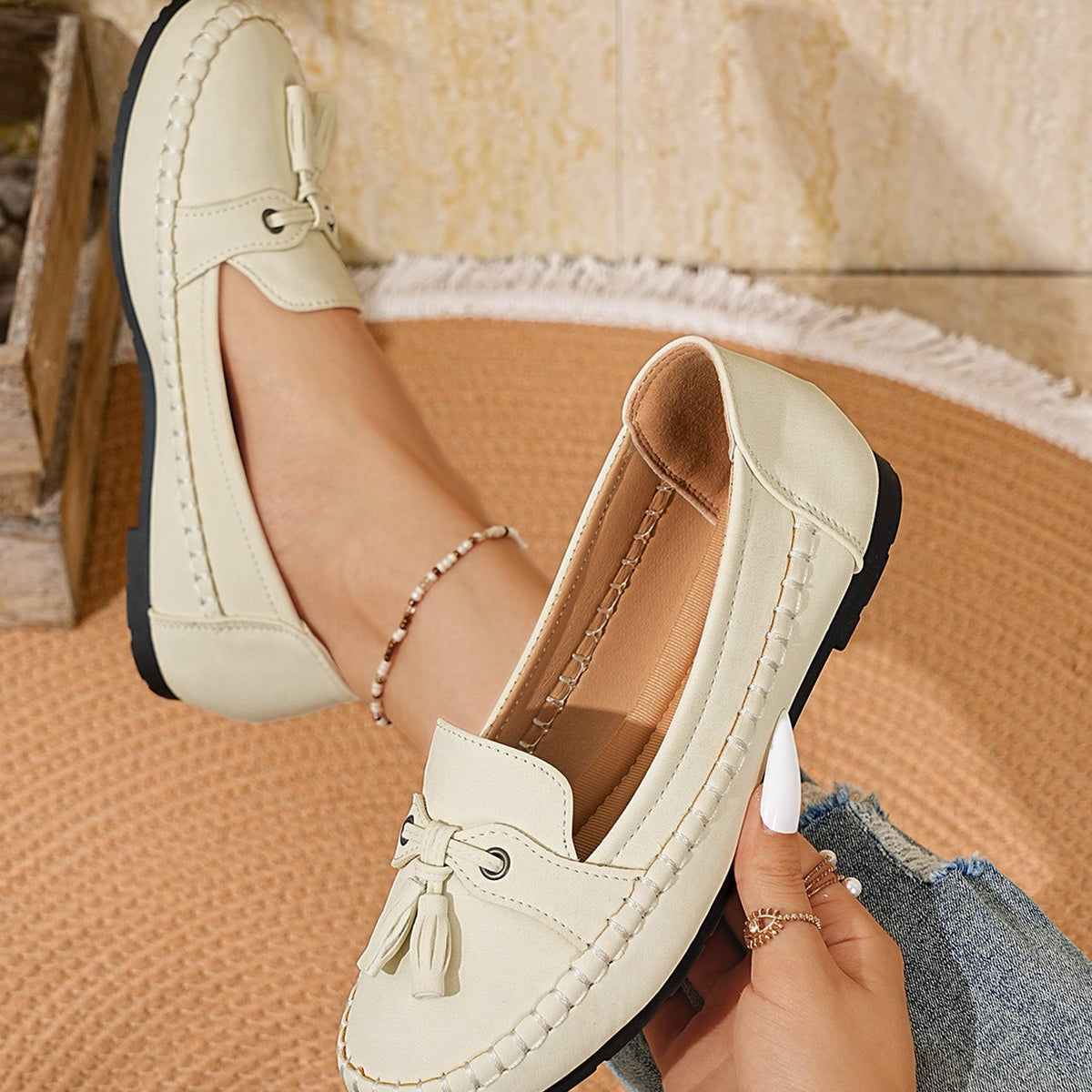 Mocasines de ante con borlas, planos y sin cordones