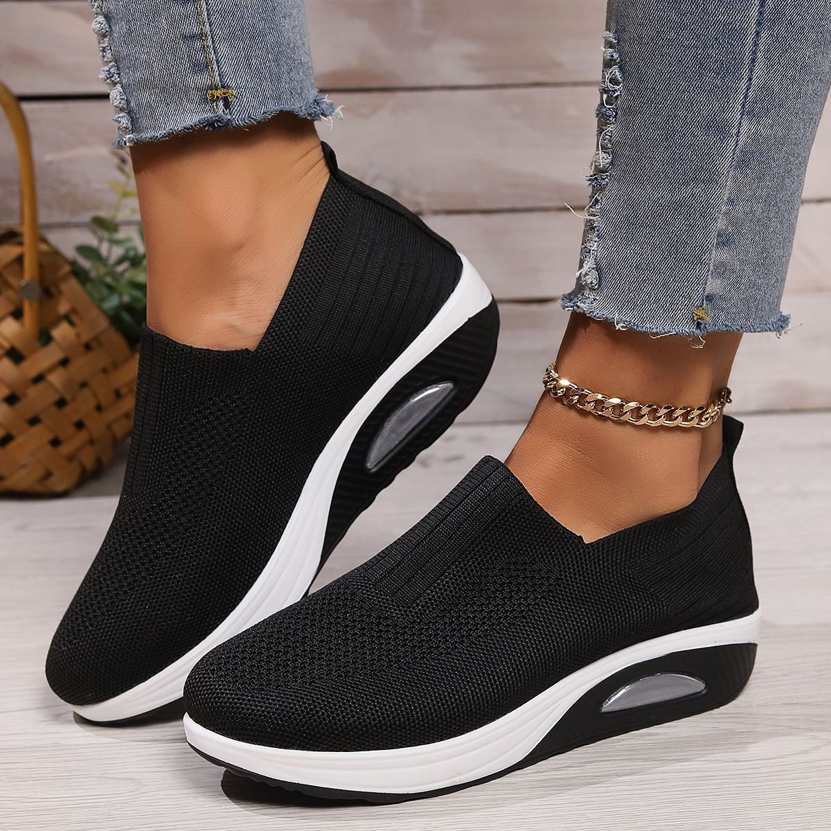 Zapatillas de punto con plataforma, sin cordones y suela con cámara de aire