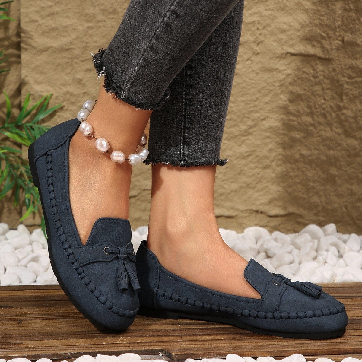 Mocasines de ante con borlas, planos y sin cordones
