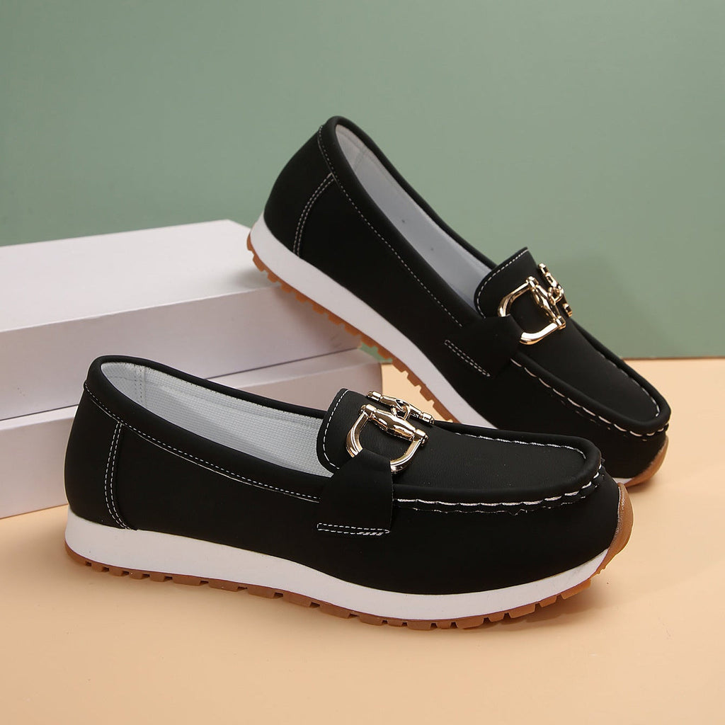 Mocasines con hebilla dorada y plataforma, cómodos y sin cordones