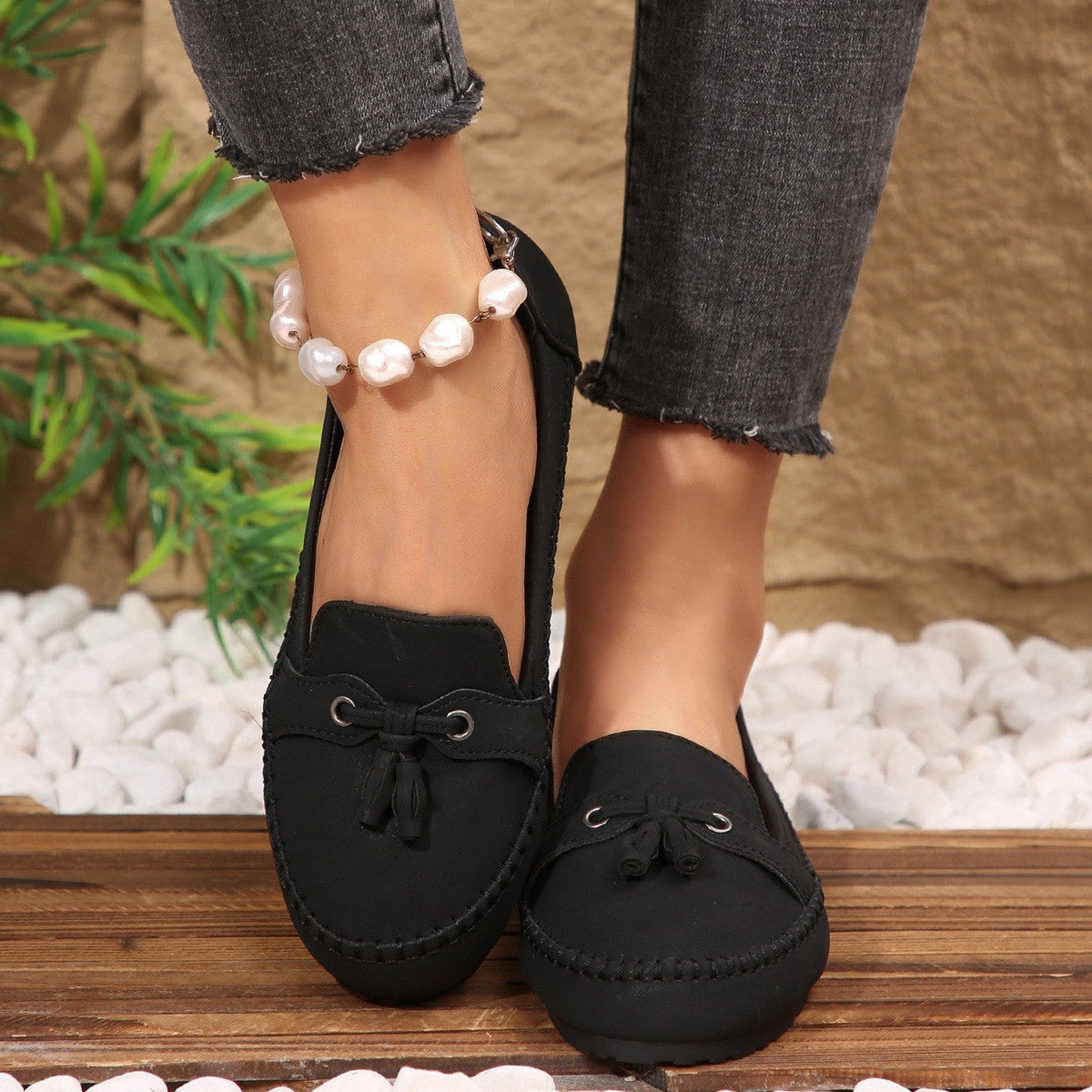 Mocasines de ante con borlas, planos y sin cordones