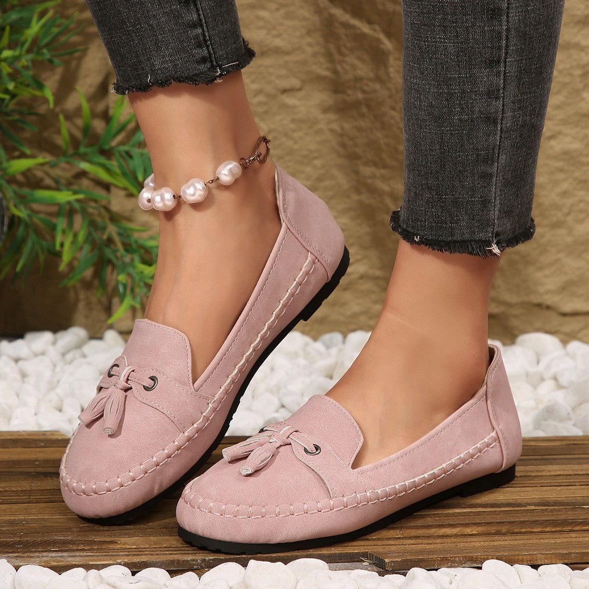 Mocasines de ante con borlas, planos y sin cordones
