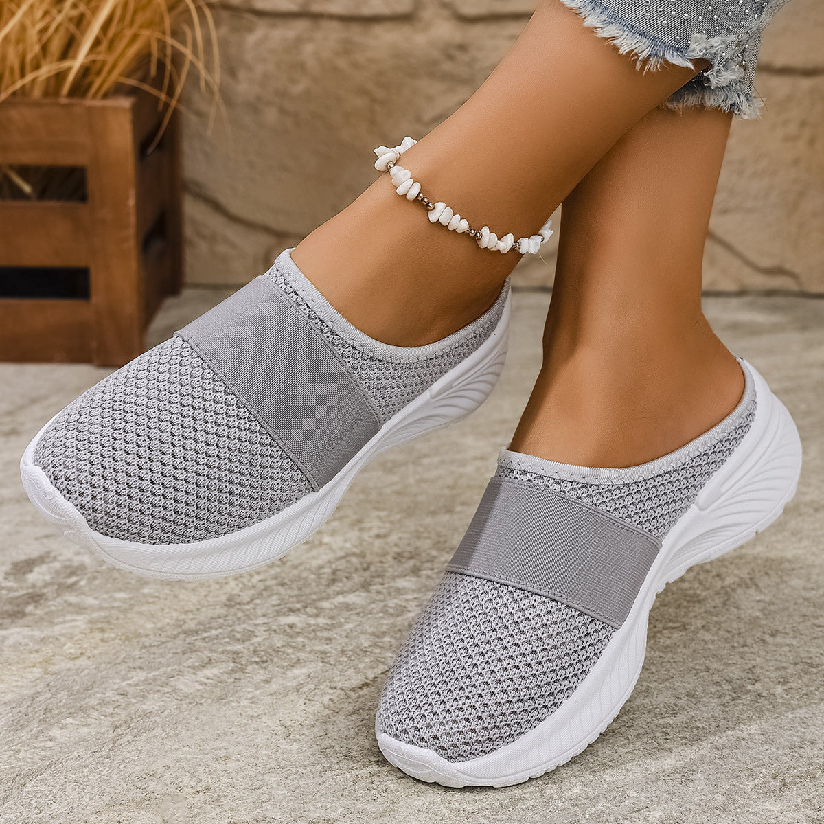 Zapatillas de malla transpirable con plataforma ligera, sin cordones