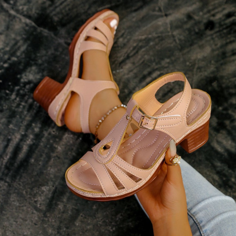 Sandalias de tacón ancho de 7 cm con tiras en T y plataforma