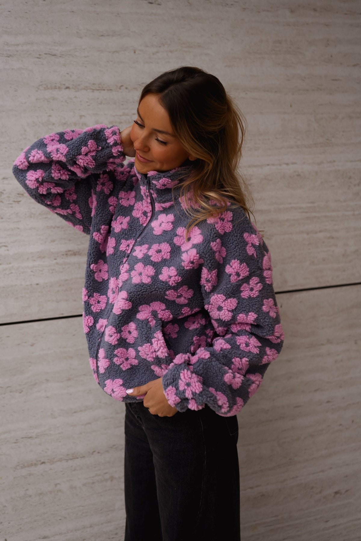Forro polar Tomas - gris con flores rosas