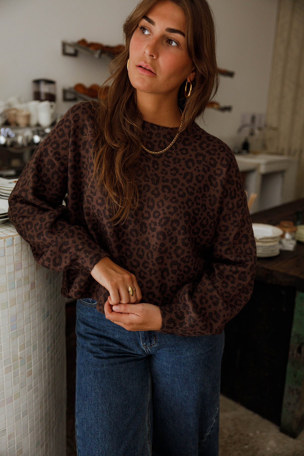Jersey Bano marrón con estampado de leopardo