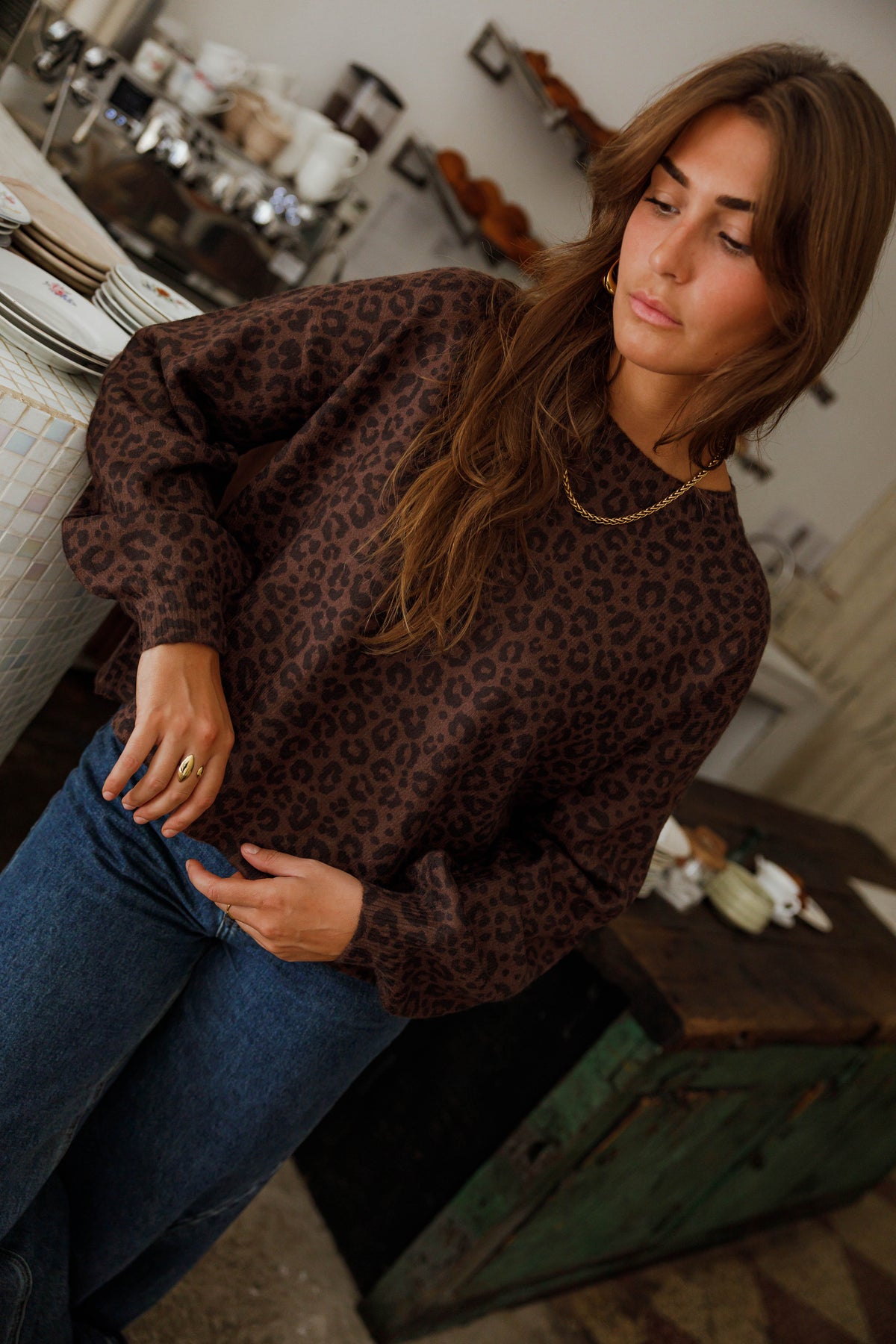 Jersey Bano marrón con estampado de leopardo