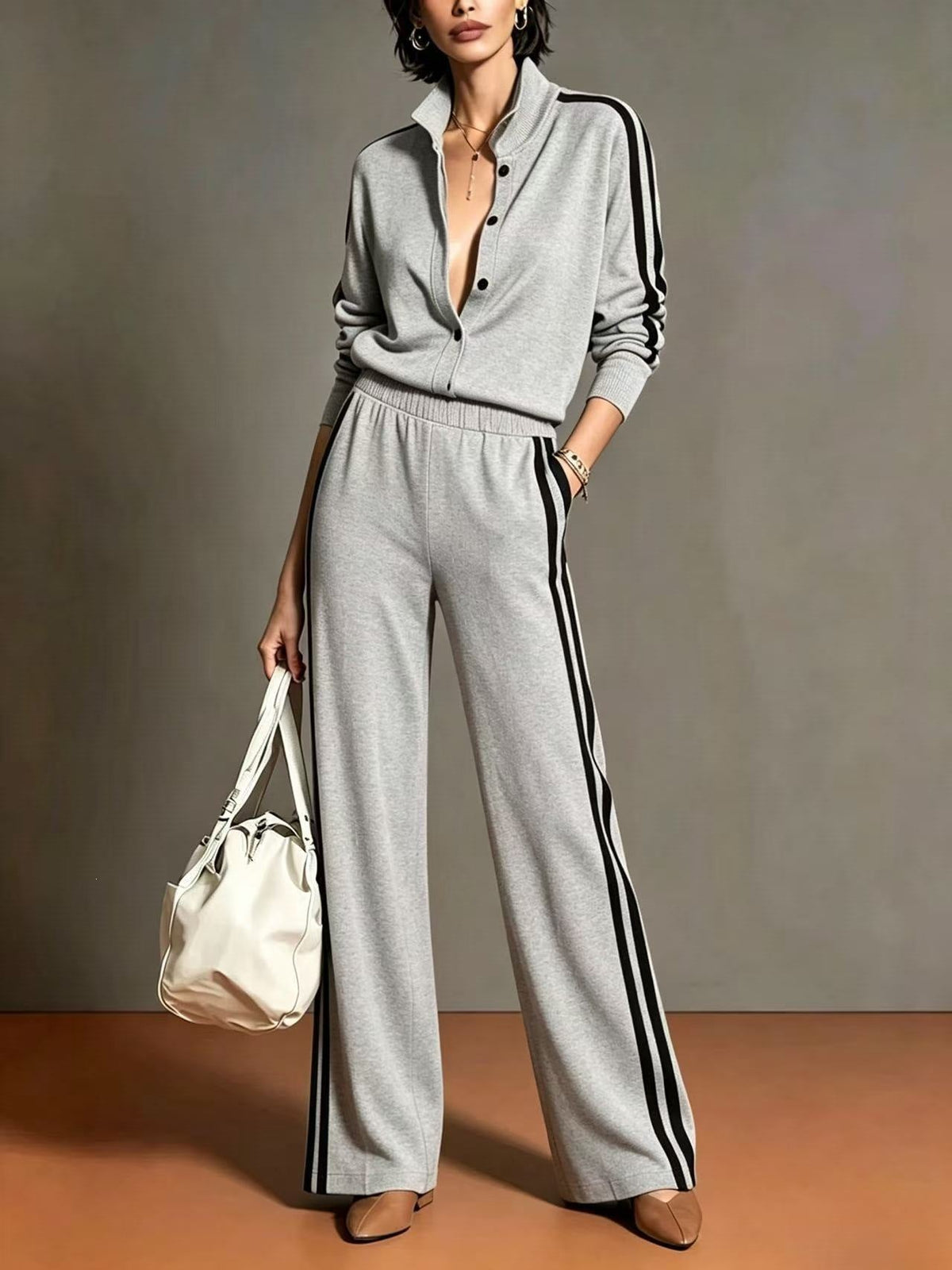 Conjunto de chaqueta cruzada con bloques de color y pantalón ancho