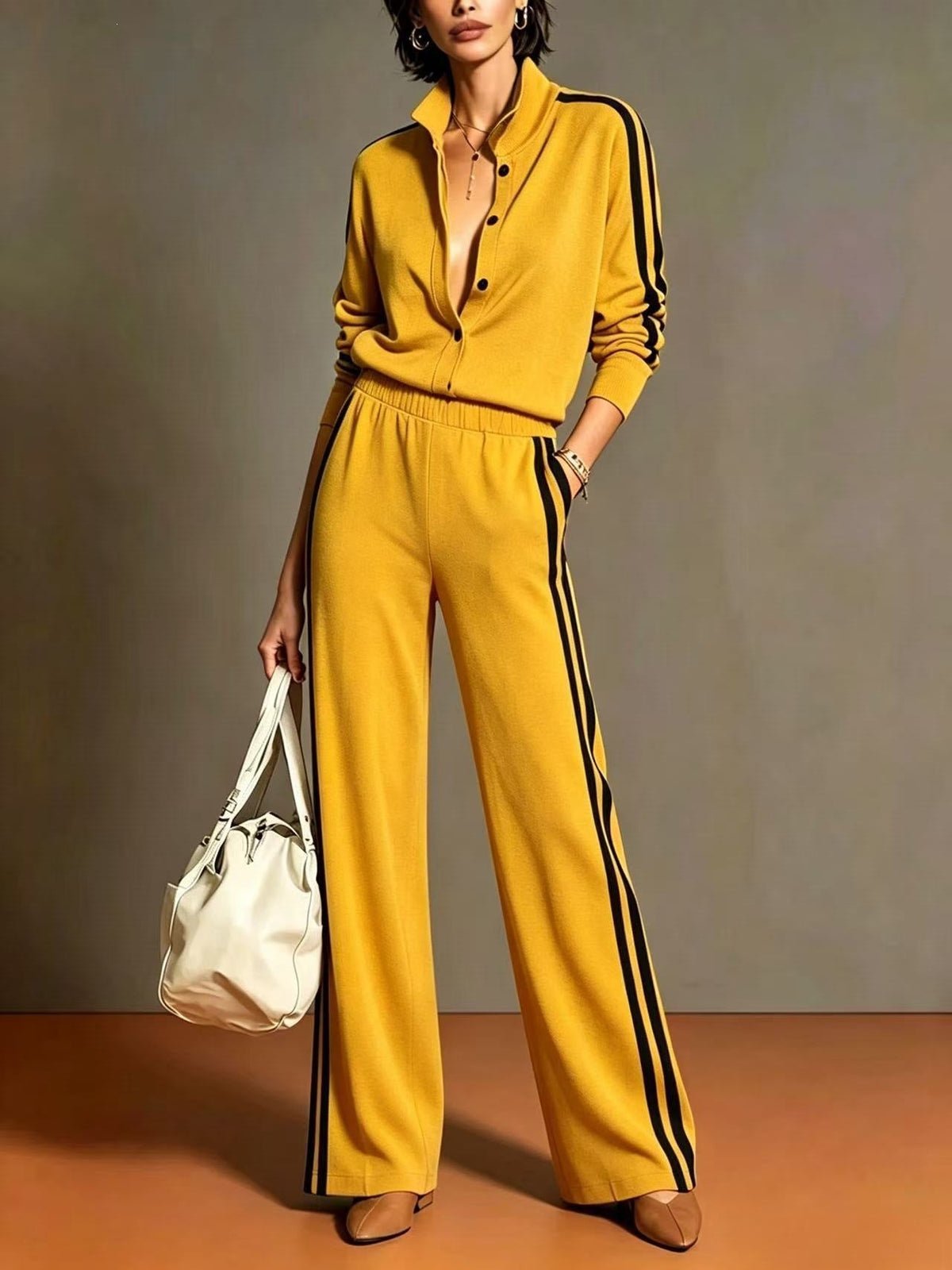 Conjunto de chaqueta cruzada con bloques de color y pantalón ancho