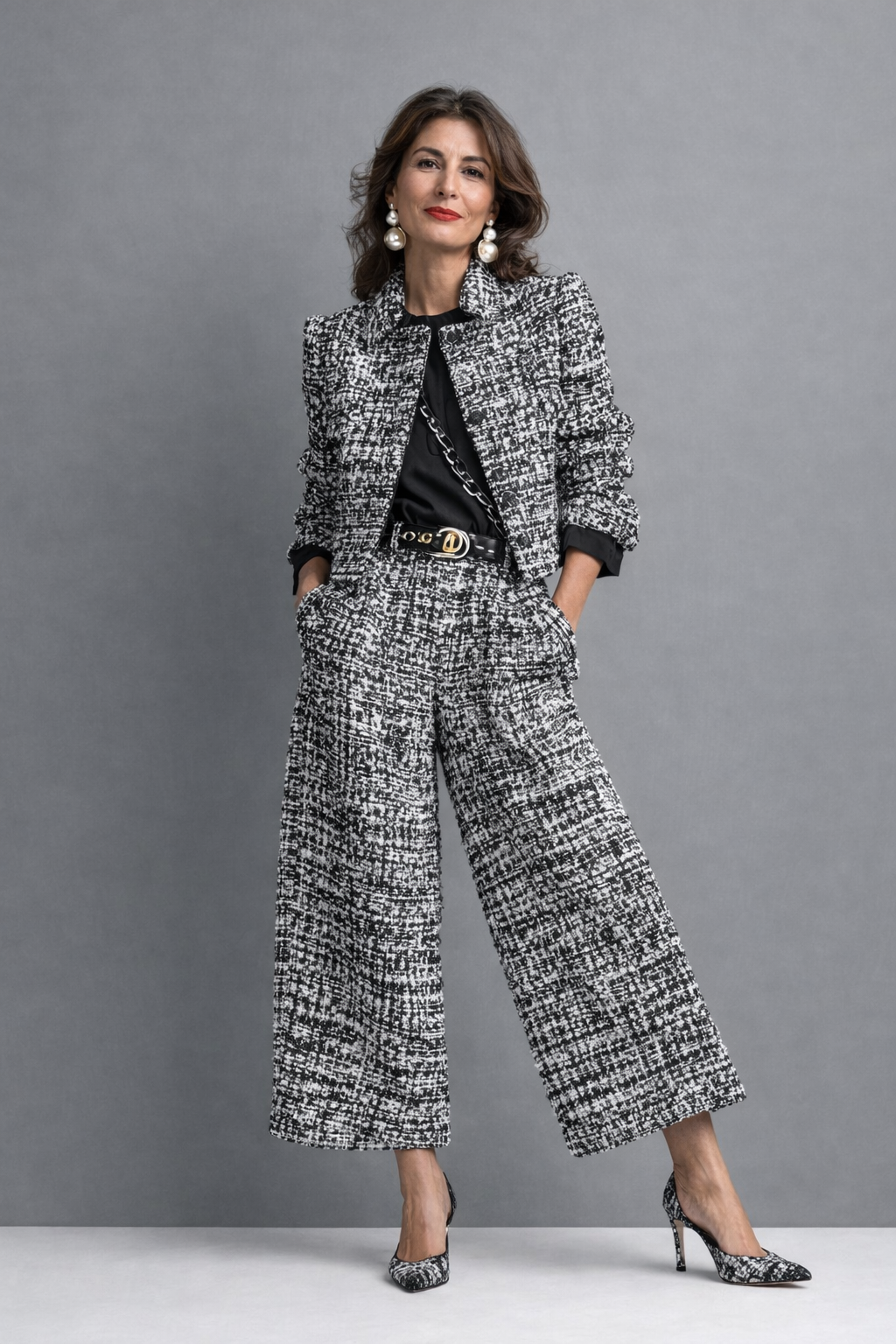 Conjunto de tweed con chaqueta y pantalón de pernera ancha Irene