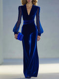 Mono retro elegante de terciopelo azul real, cuello en V y manga larga de malla