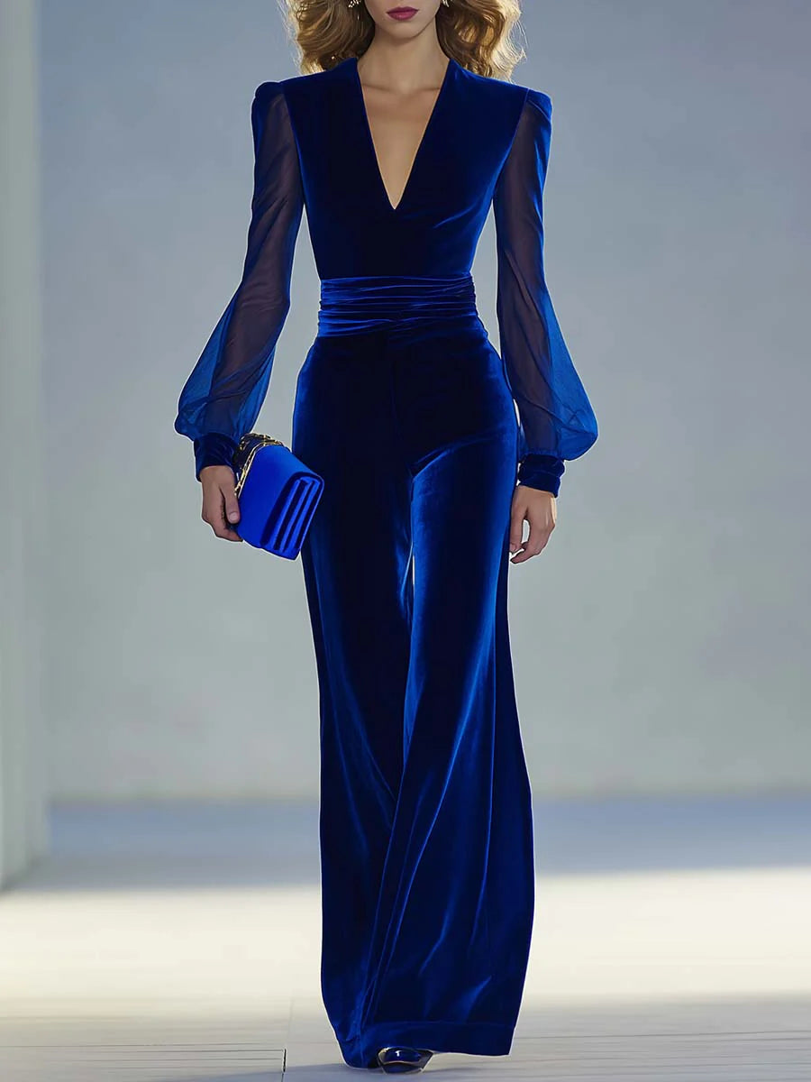Mono retro elegante de terciopelo azul real, cuello en V y manga larga de malla