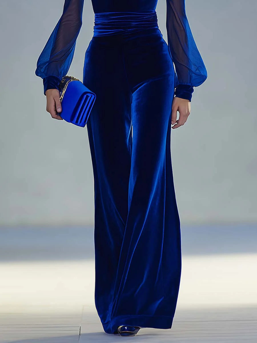Mono retro elegante de terciopelo azul real, cuello en V y manga larga de malla