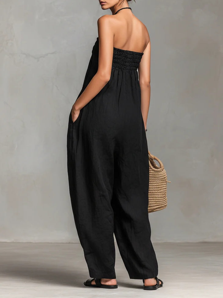 Mono negro minimalista holgado sin tirantes, efecto lino