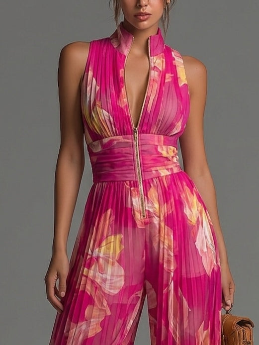 Mono fucsia de gasa plisada con estampado floral y cremallera, sin mangas