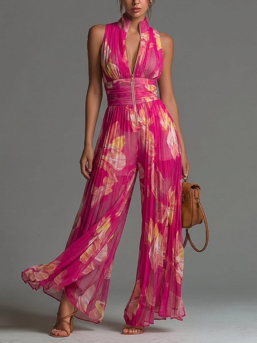 Mono fucsia de gasa plisada con estampado floral y cremallera, sin mangas