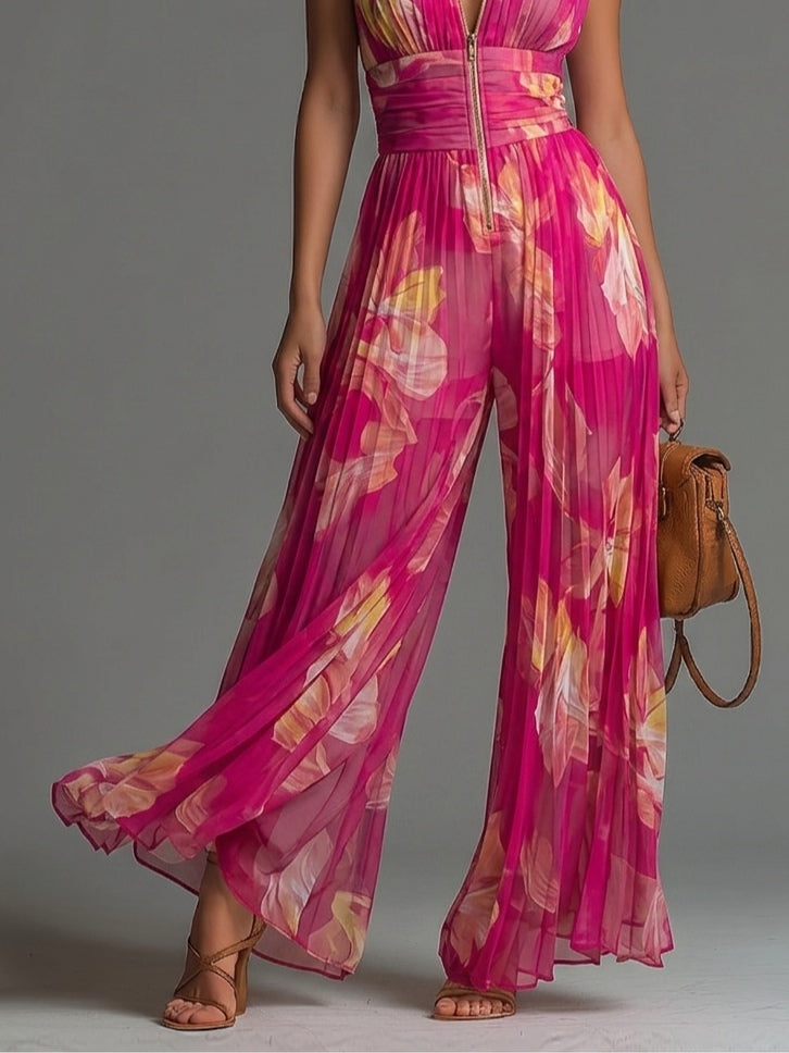 Mono fucsia de gasa plisada con estampado floral y cremallera, sin mangas