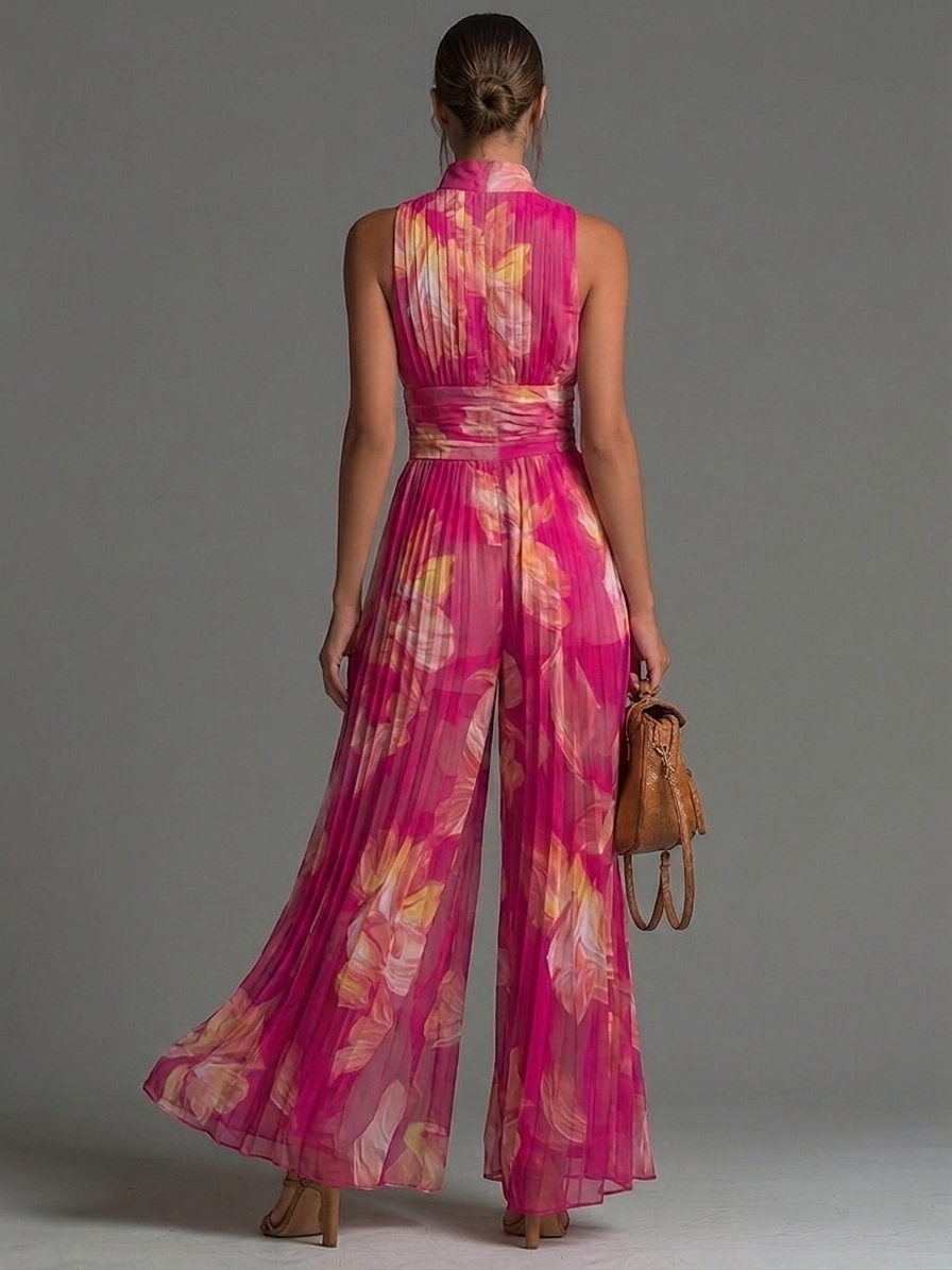 Mono fucsia de gasa plisada con estampado floral y cremallera, sin mangas