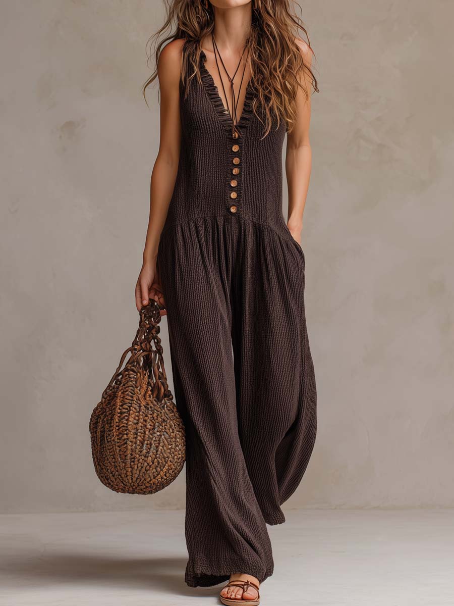 Mono retro con volantes, cuello en V y pierna ancha