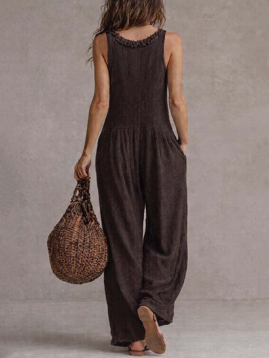 Mono retro con volantes, cuello en V y pierna ancha