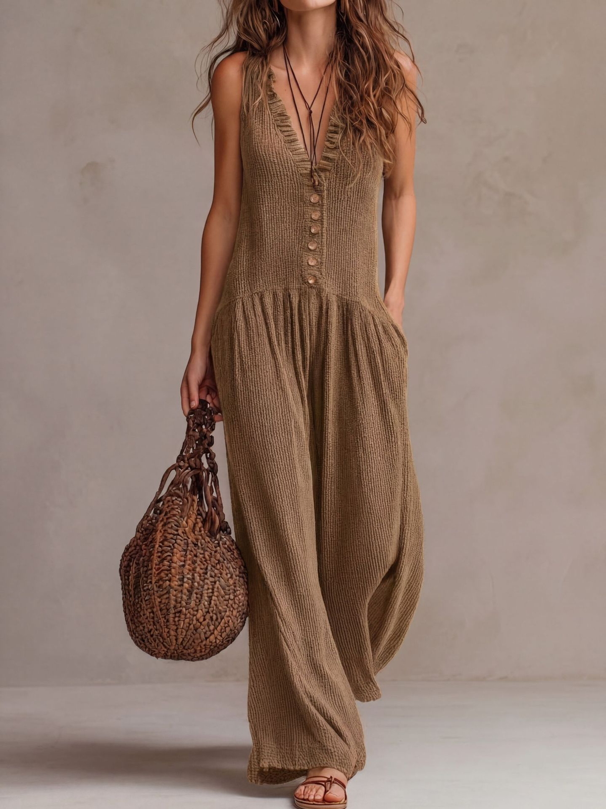 Mono retro con volantes, cuello en V y pierna ancha