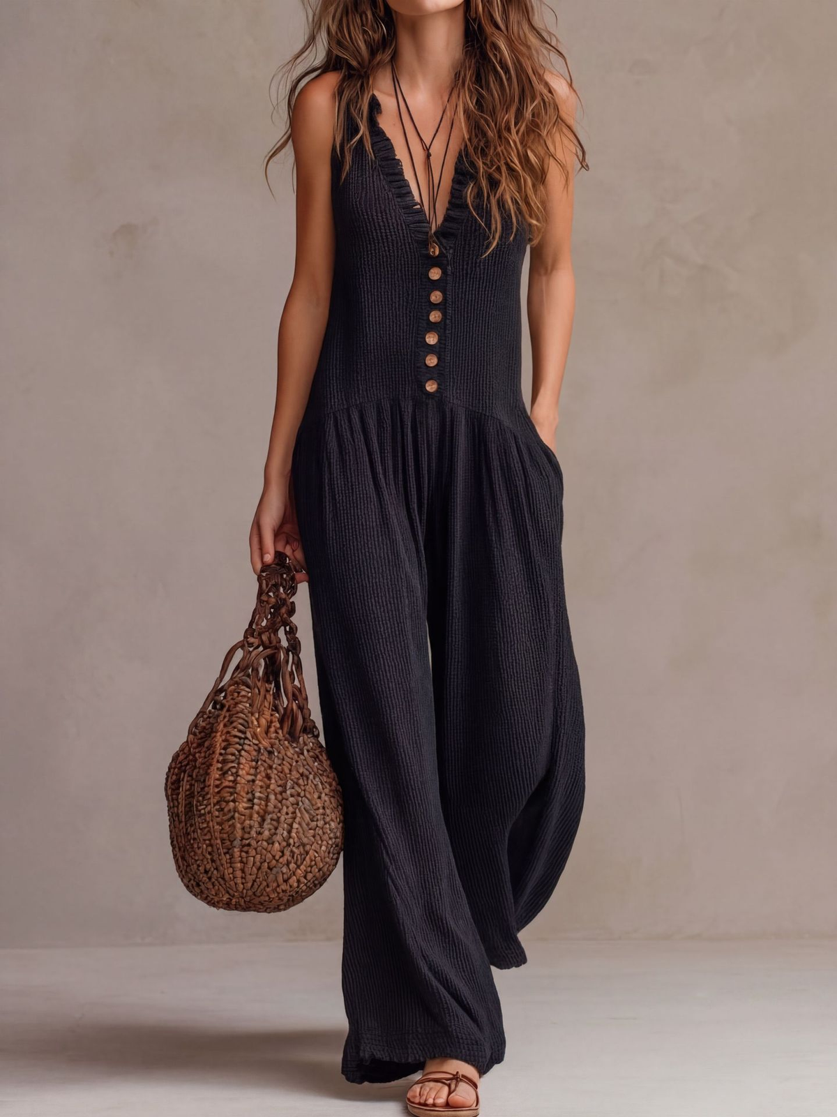 Mono retro con volantes, cuello en V y pierna ancha