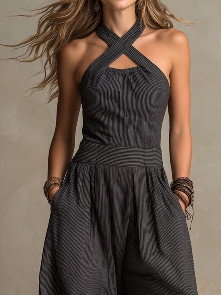 Mono bohemio gris marengo de raya diplomática, cuello halter y espalda cruzada