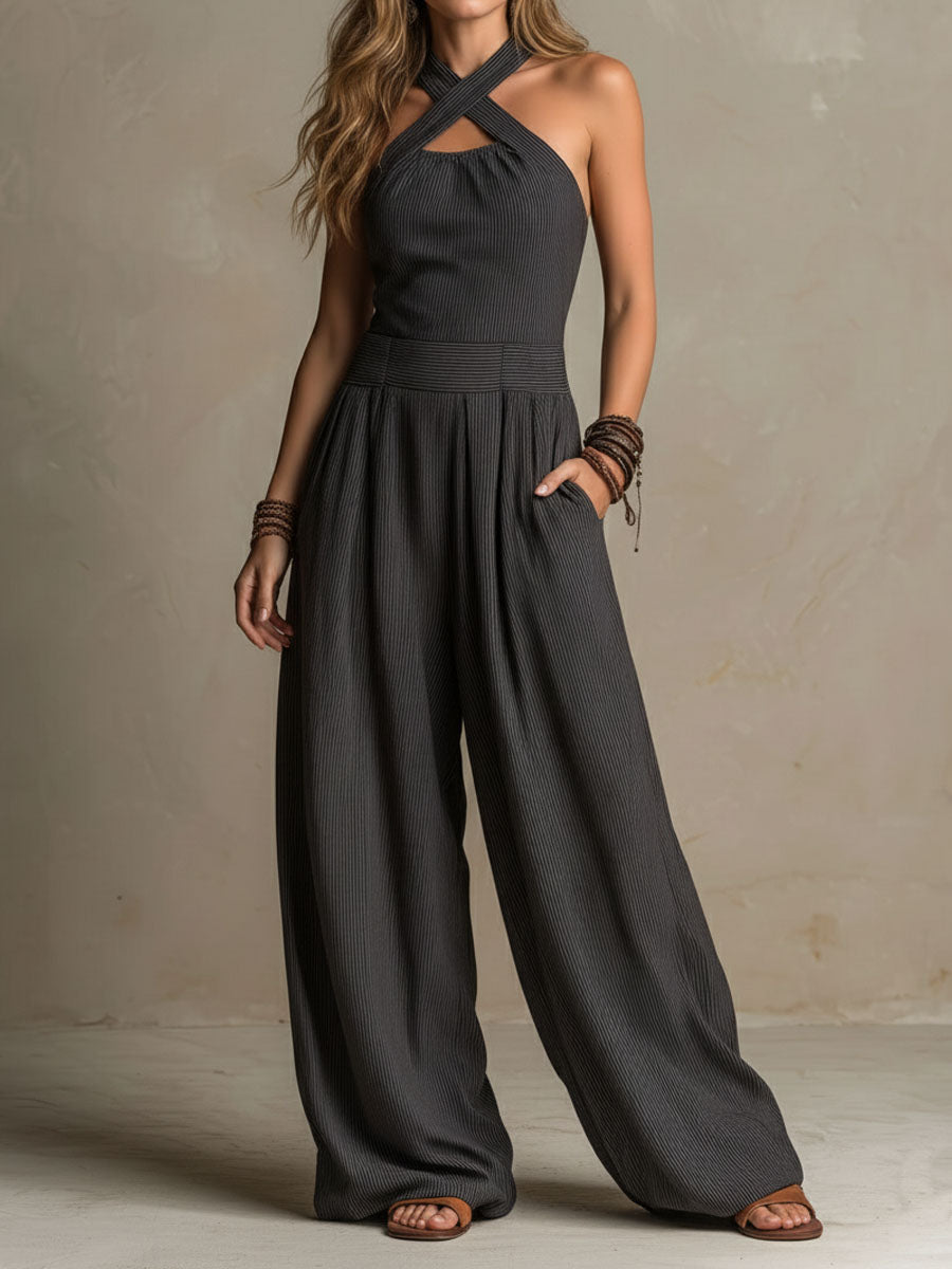 Mono bohemio gris marengo de raya diplomática, cuello halter y espalda cruzada