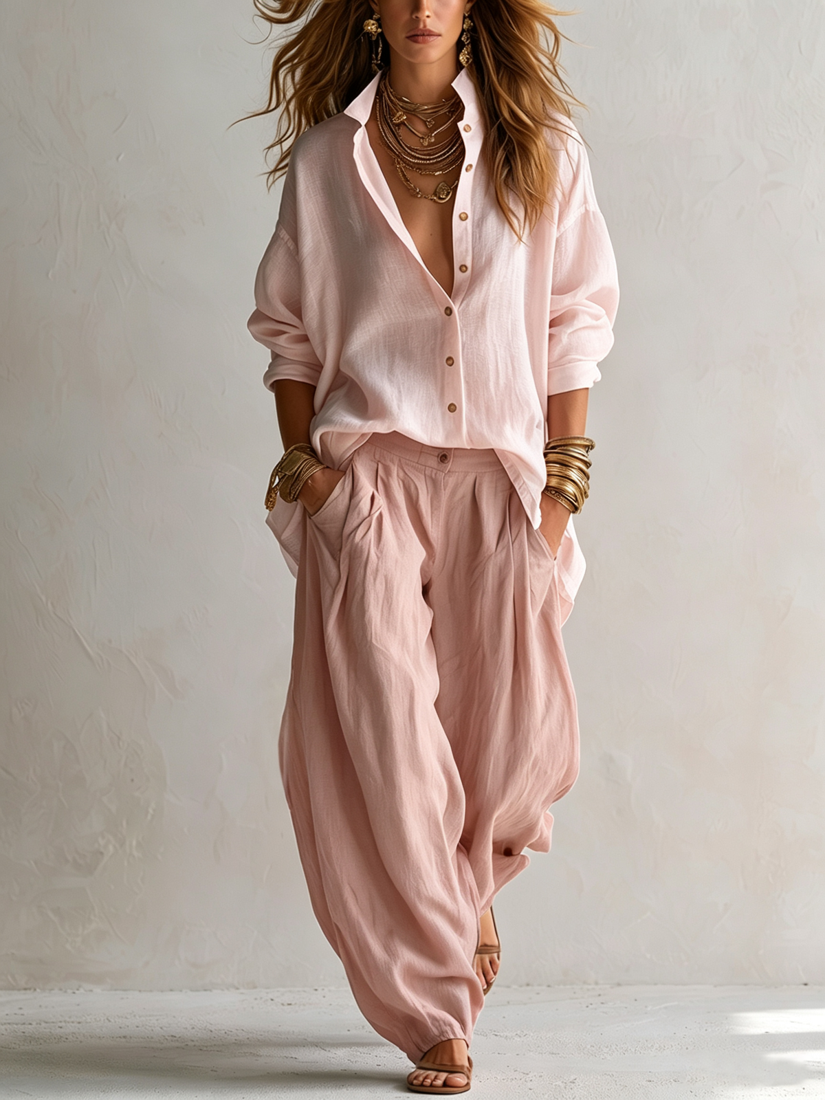 Conjunto de camisa blanca holgada y pantalón verde ancho tipo farol