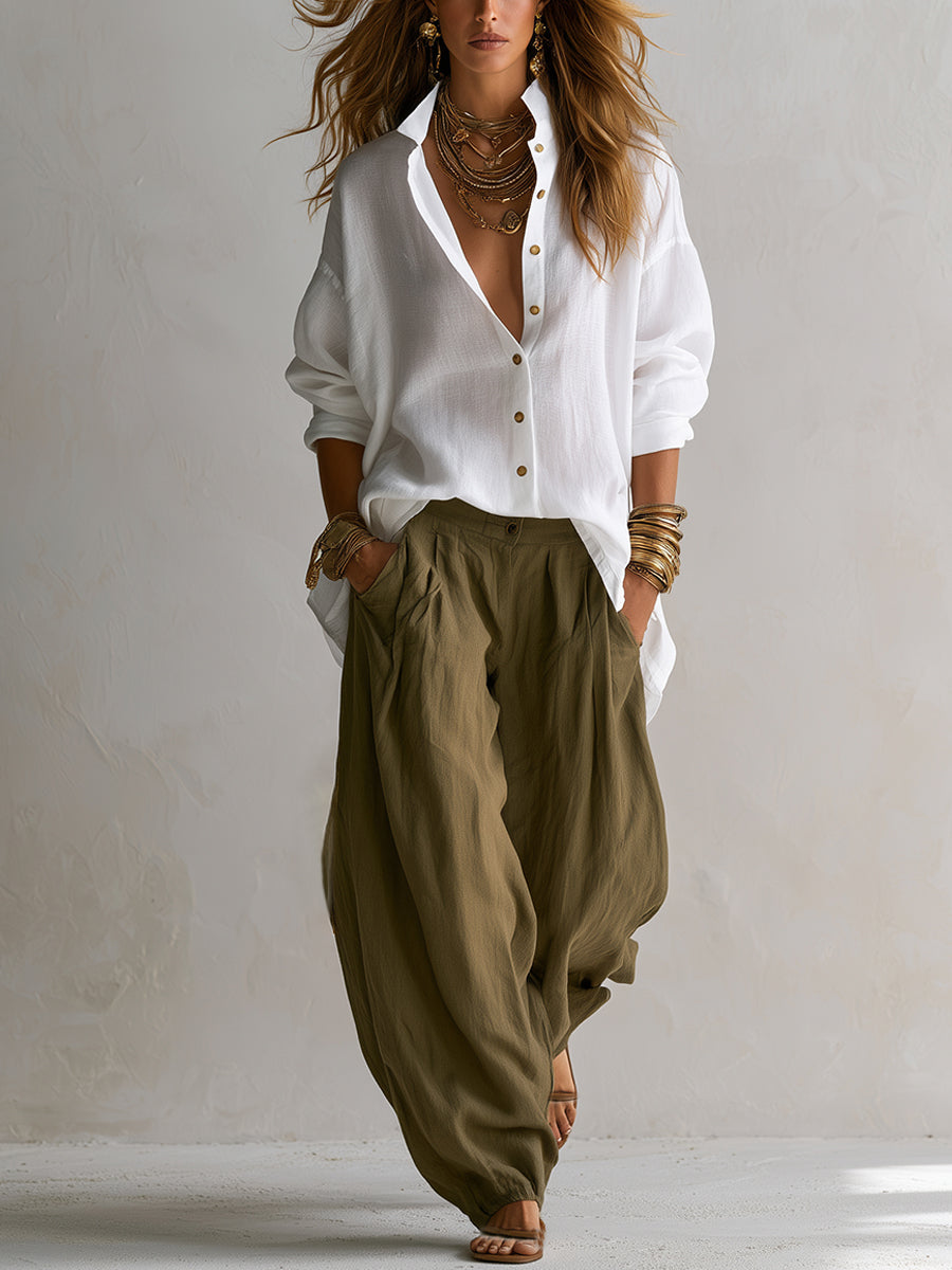 Conjunto de camisa blanca holgada y pantalón verde ancho tipo farol