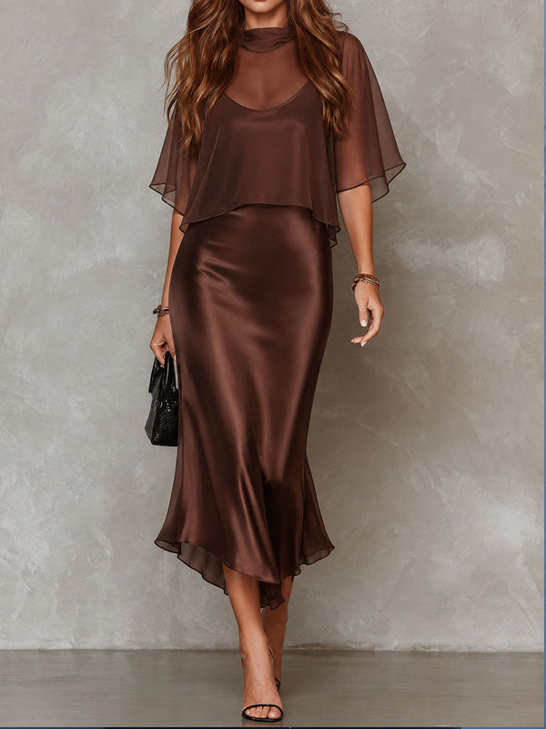 Conjunto de dos piezas marrón: blusa de gasa y vestido midi de raso