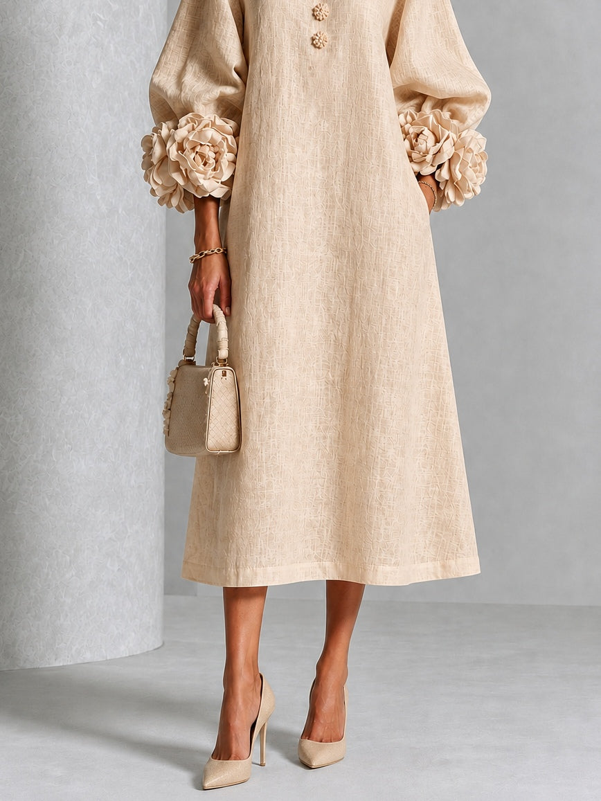 Vestido midi abotonado de flores en beige con puños de flores