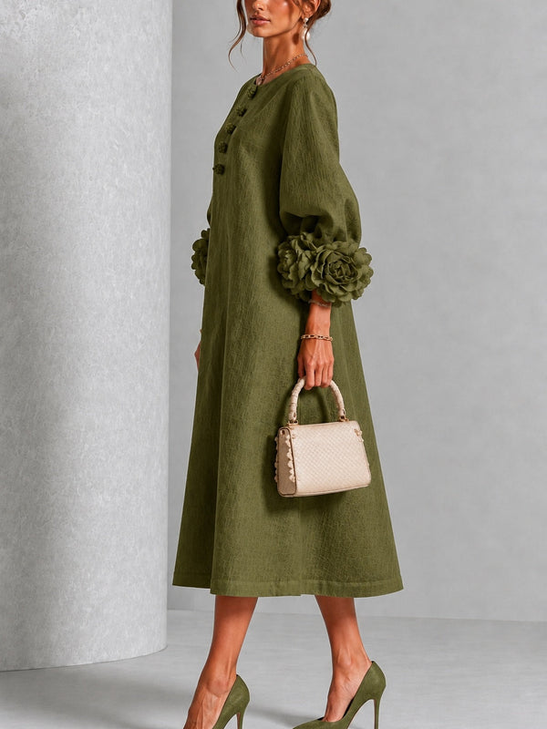 Vestido midi abotonado de flores en verde oliva con puños de flores