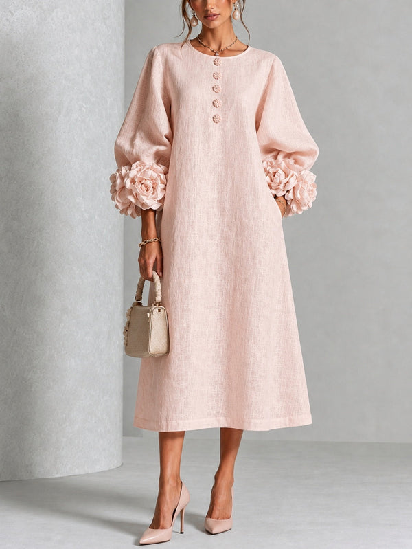 Vestido midi abotonado de flores en rosa con puños de flores