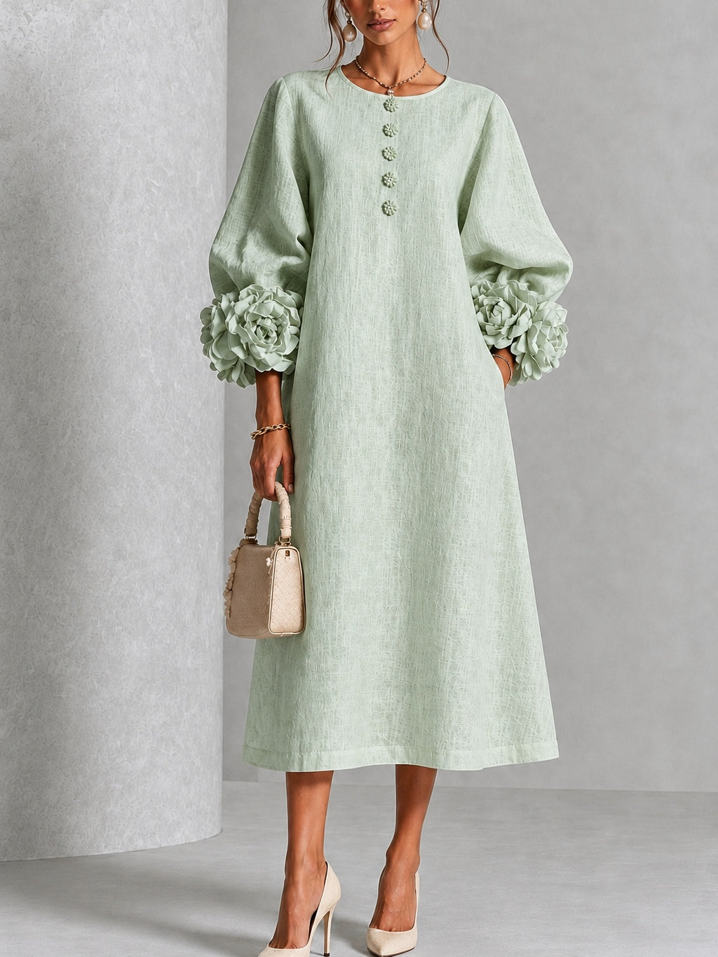 Vestido midi abotonado de flores en verde salvia con puños de flores