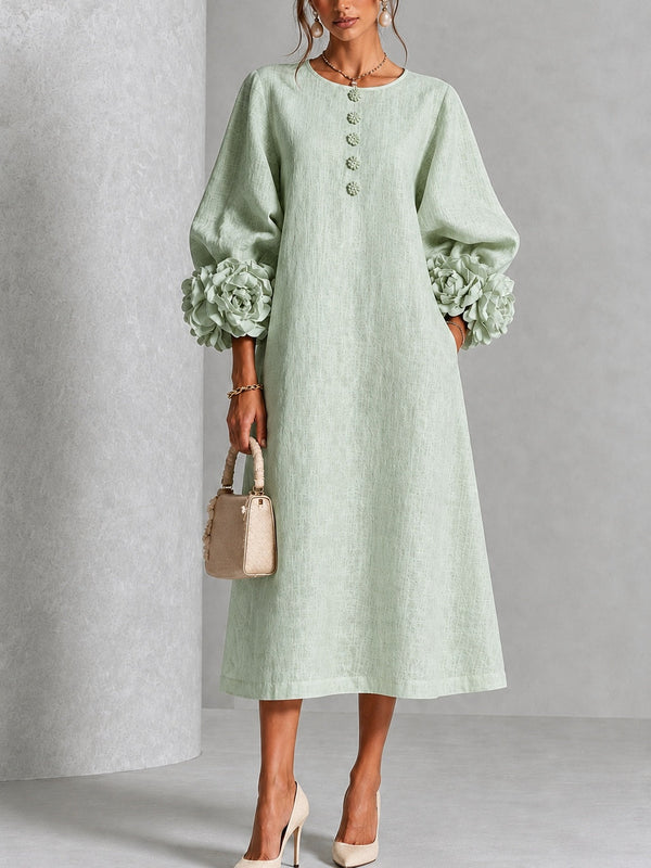 Vestido midi abotonado de flores en verde salvia con puños de flores
