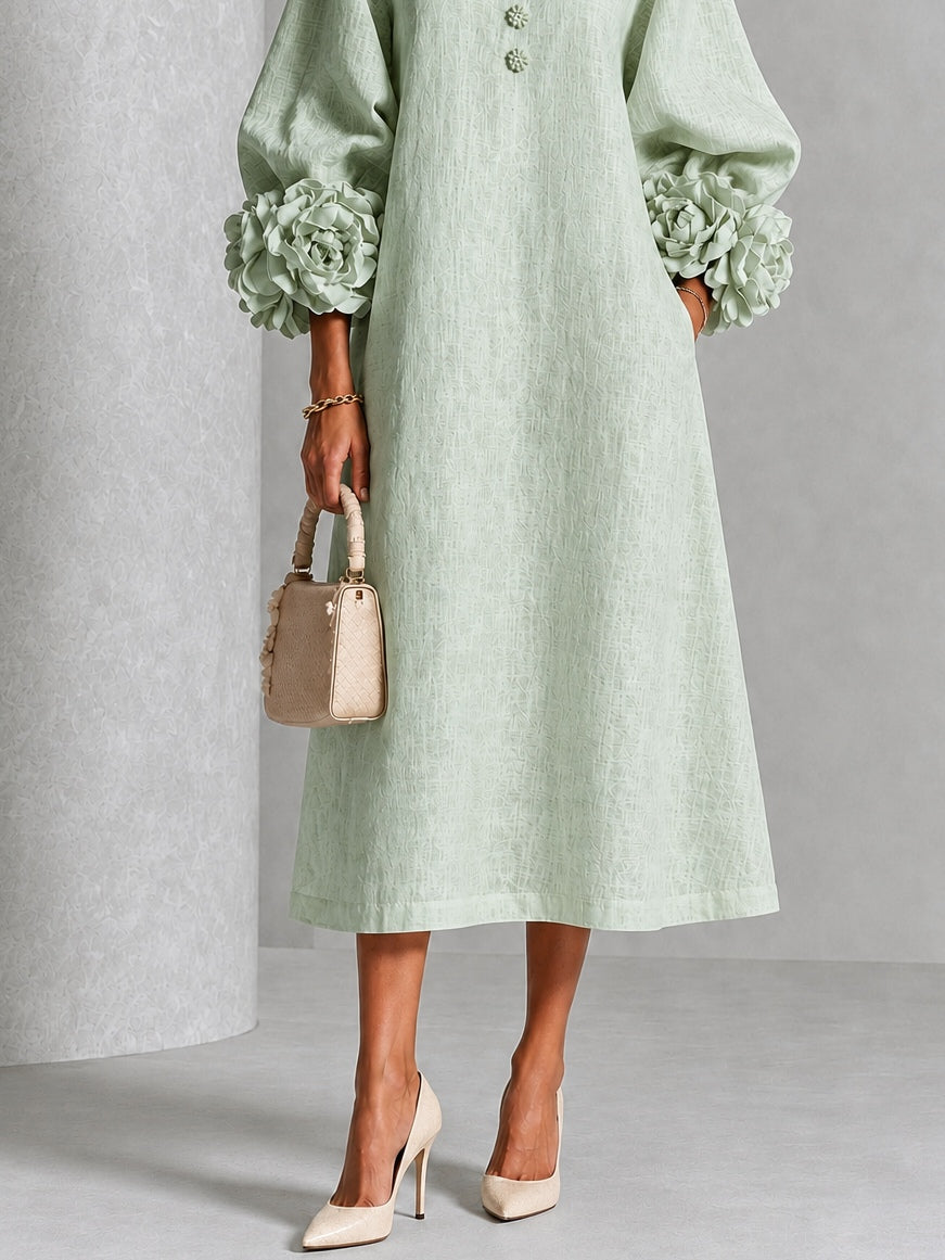Vestido midi abotonado de flores en verde salvia con puños de flores