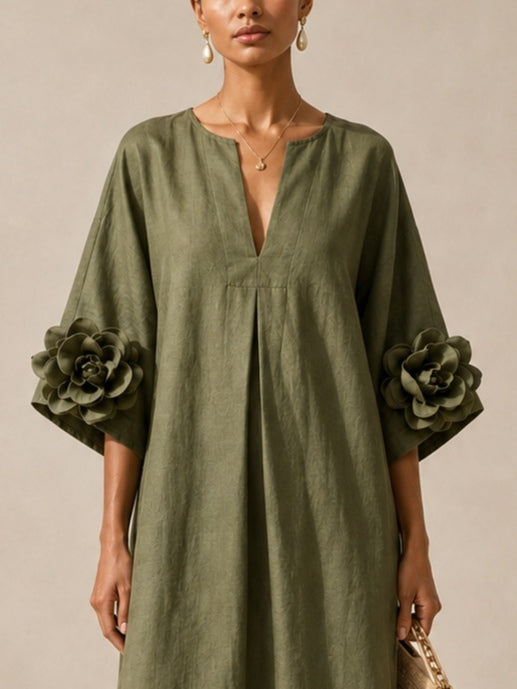 Vestido midi verde oliva con escote en pico y puños de flores