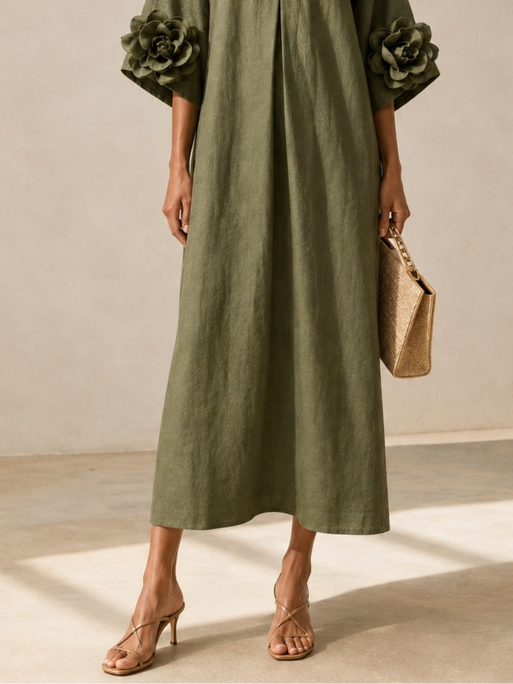 Vestido midi verde oliva con escote en pico y puños de flores