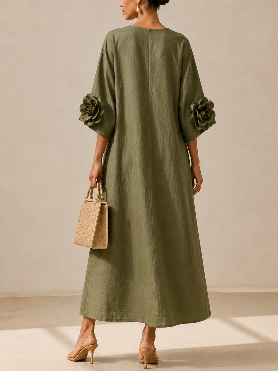 Vestido midi verde oliva con escote en pico y puños de flores
