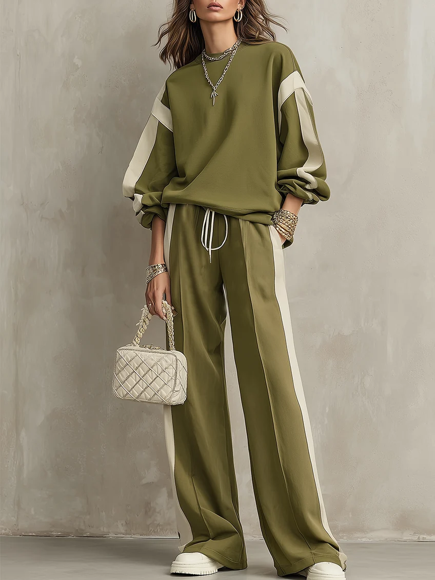 Conjunto casual de sudadera verde oliva y pantalón ancho con cordón