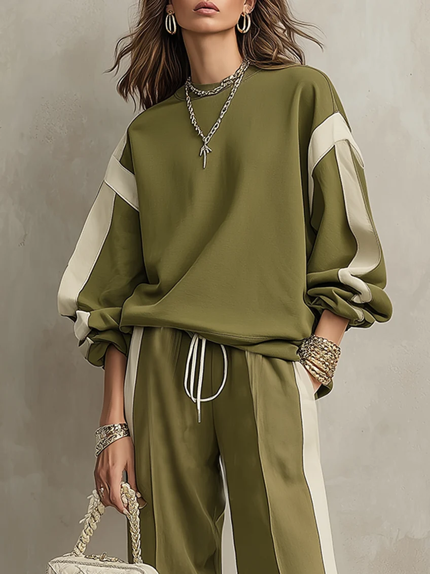 Conjunto casual de sudadera verde oliva y pantalón ancho con cordón
