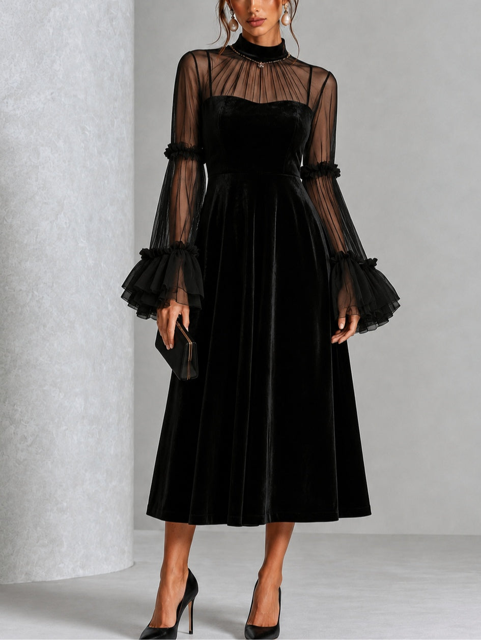 Vestido midi plisado negro de terciopelo y malla transparente