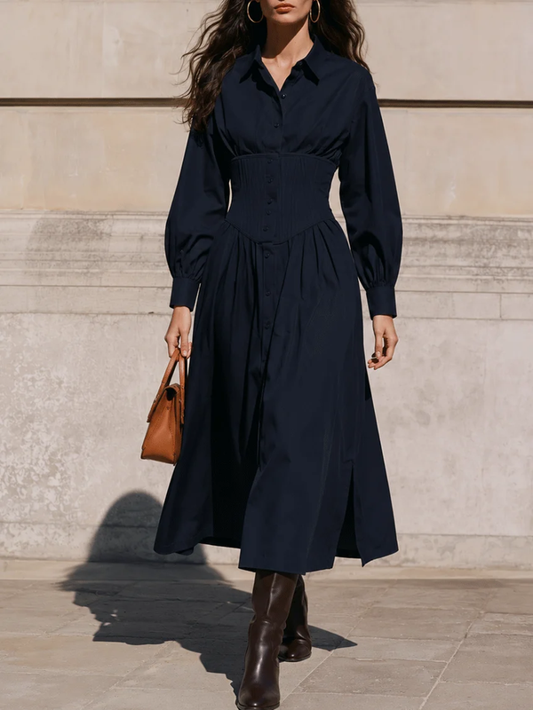 Vestido camisero midi azul marino con cintura de corsé