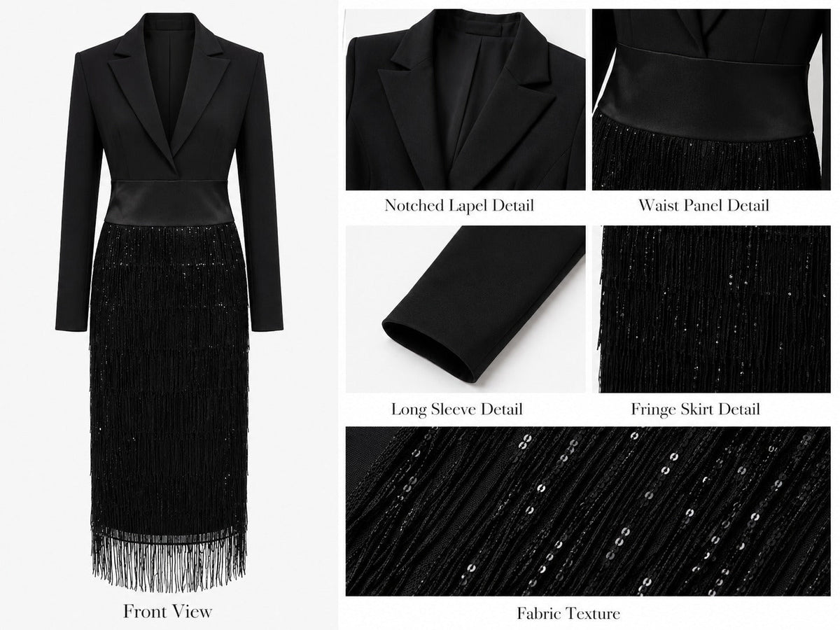 Vestido midi negro con cuerpo tipo blazer y flecos de lentejuelas