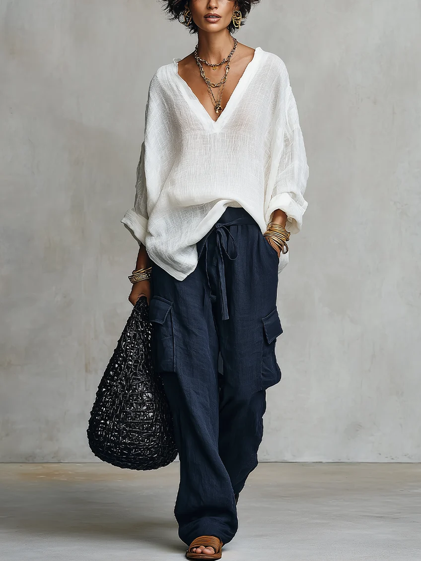 Conjunto de dos piezas: blusa blanca de lino con escote en pico y pantalón ancho azul marino