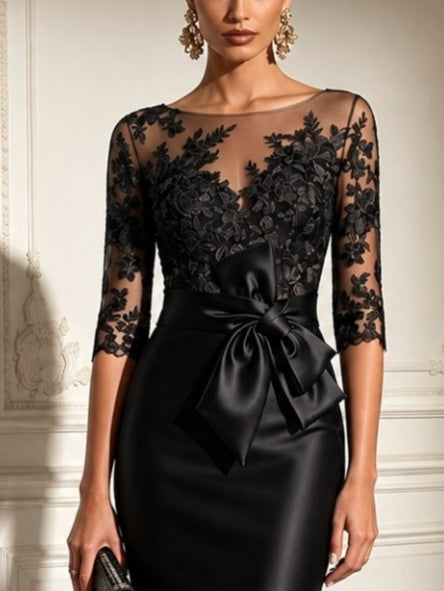 Vestido midi negro de raso con mangas de tul y encaje y lazo