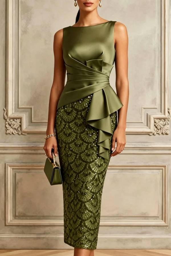 Vestido midi verde oliva de raso con lentejuelas y cuello barco