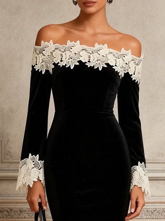 Vestido midi negro de terciopelo y encaje floral con hombros descubiertos