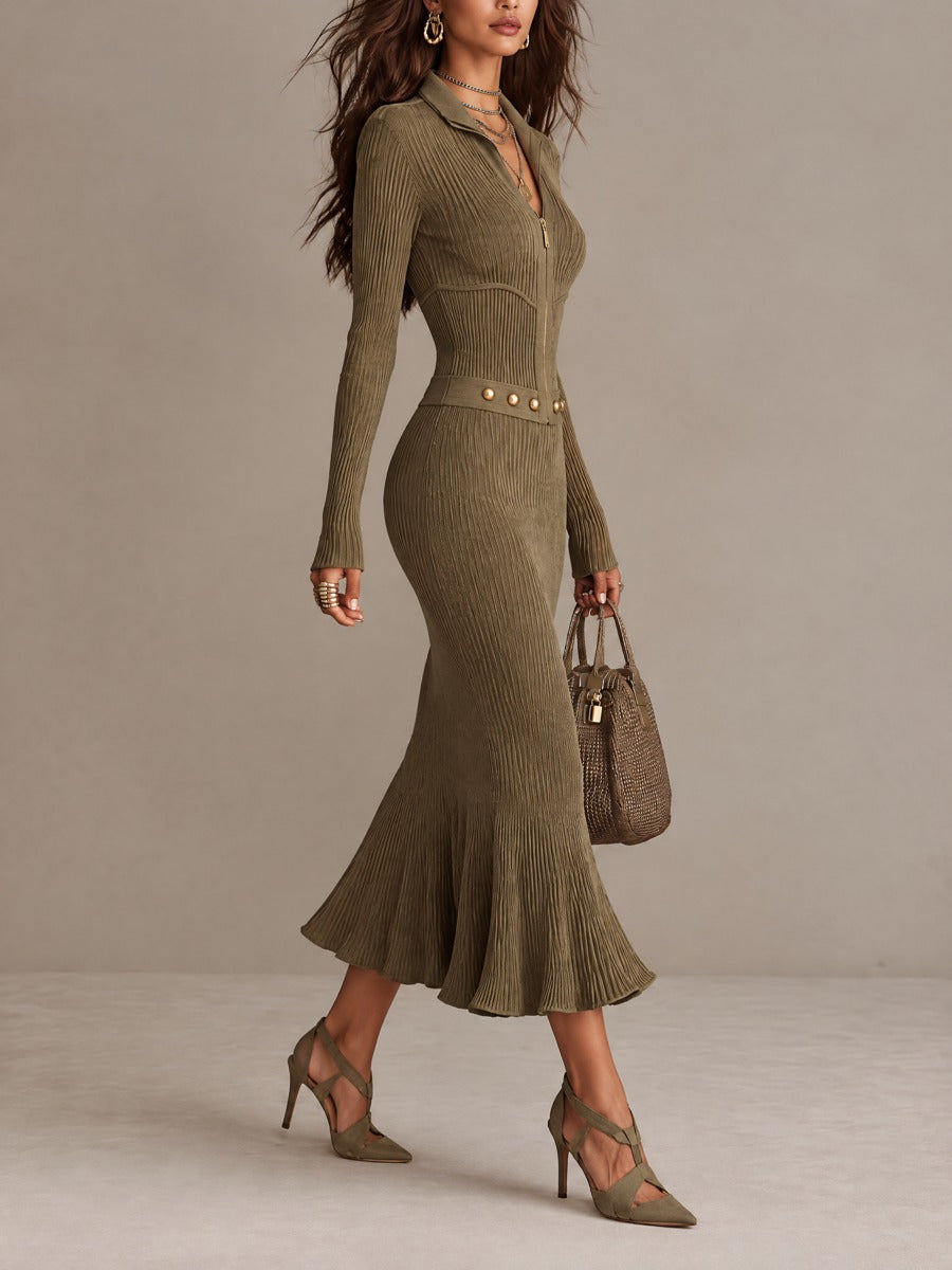 Vestido midi verde oliva acanalado con cremallera y tachuelas doradas